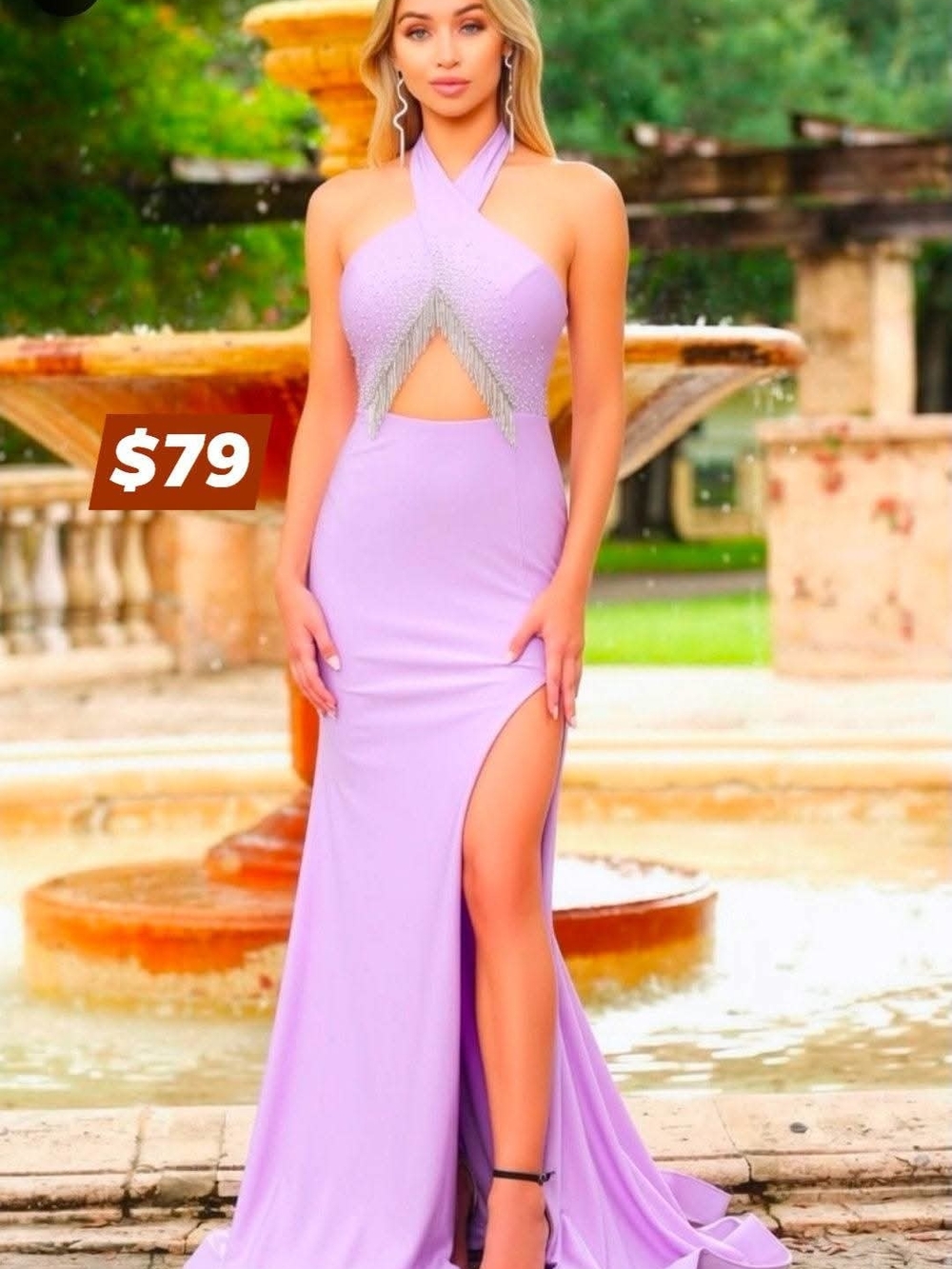 Lilac Halter Prom Gown with Fringe and High Slit